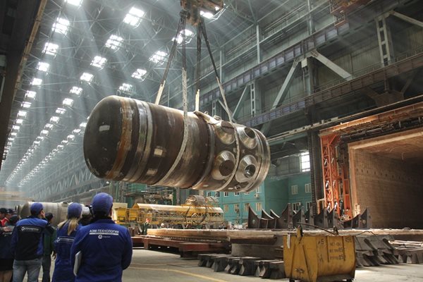 Reactor vessel for one of the two units under construction at Ostrovets being carried by overhead crane